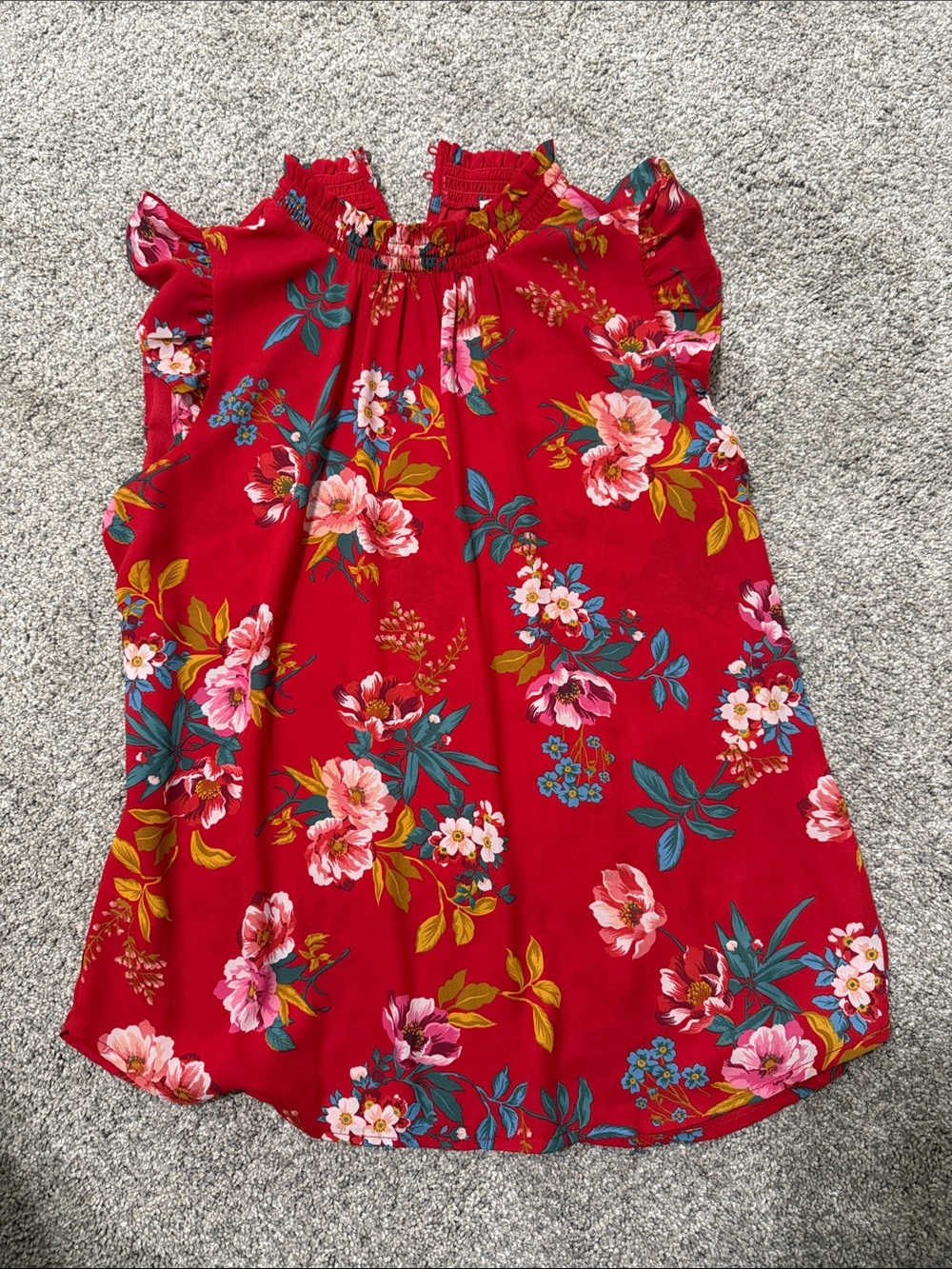 Red Floral Ruffled Shoulder Dress